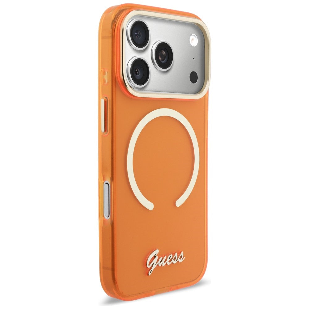 Guess IML Script Metal MagSafe Dėklas, skirtas iPhone 17 Pro Max - Orange