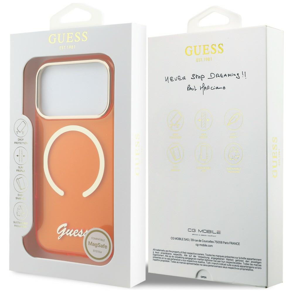 Guess IML Script Metal MagSafe Dėklas, skirtas iPhone 17 Pro Max - Orange