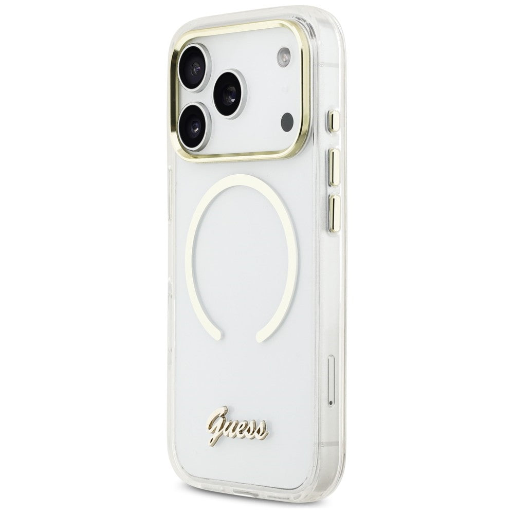 Guess IML Script Metal MagSafe Dėklas, skirtas iPhone 17 Pro Max - Clear
