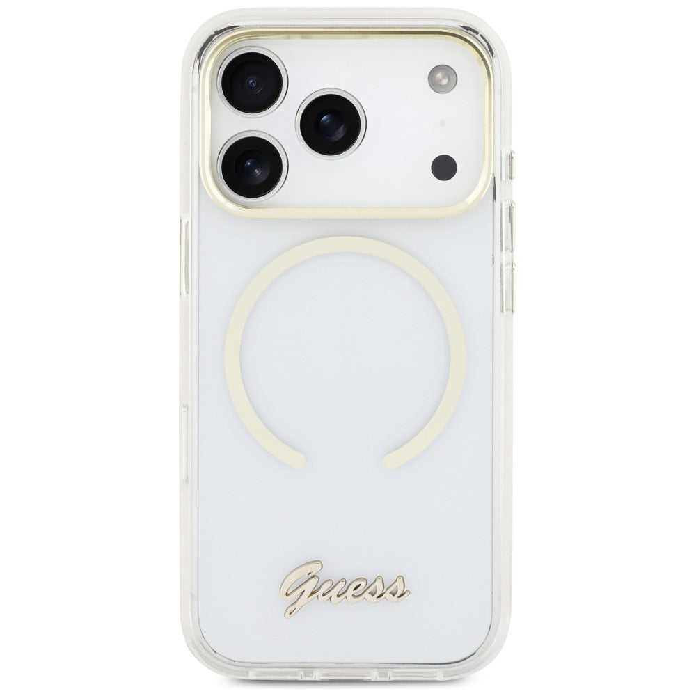 Guess IML Script Metal MagSafe Dėklas, skirtas iPhone 17 Pro Max - Clear