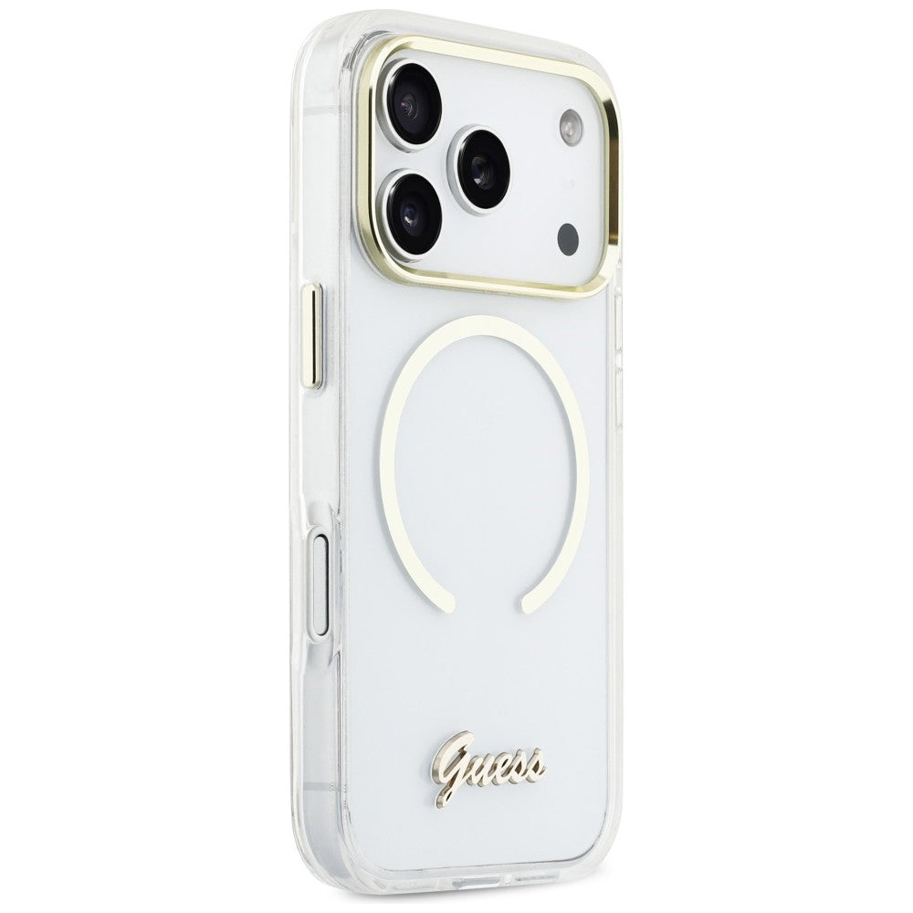 Guess IML Script Metal MagSafe Dėklas, skirtas iPhone 17 Pro Max - Clear