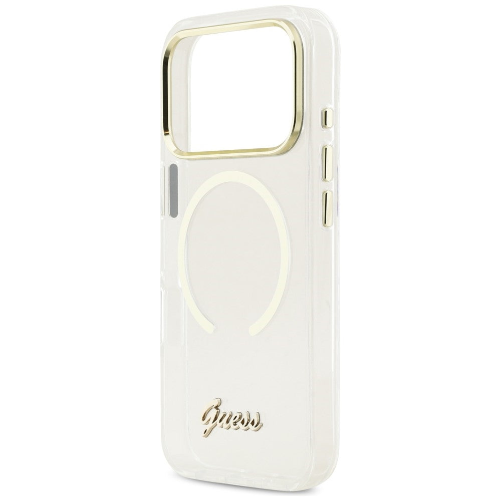 Guess IML Script Metal MagSafe Dėklas, skirtas iPhone 17 Pro Max - Clear