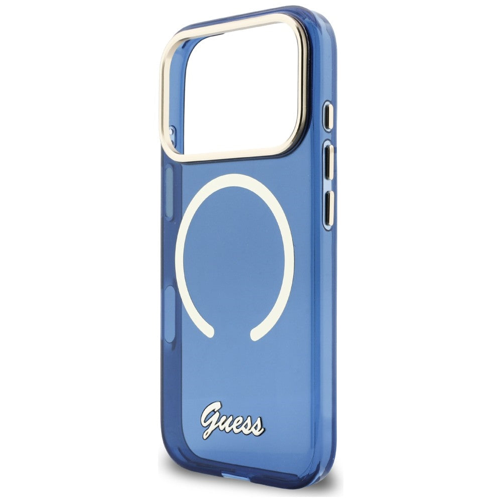 Guess IML Script Metal MagSafe Dėklas, skirtas iPhone 17 Pro - Blue