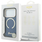 Guess IML Script Metal MagSafe Dėklas, skirtas iPhone 17 Pro - Blue