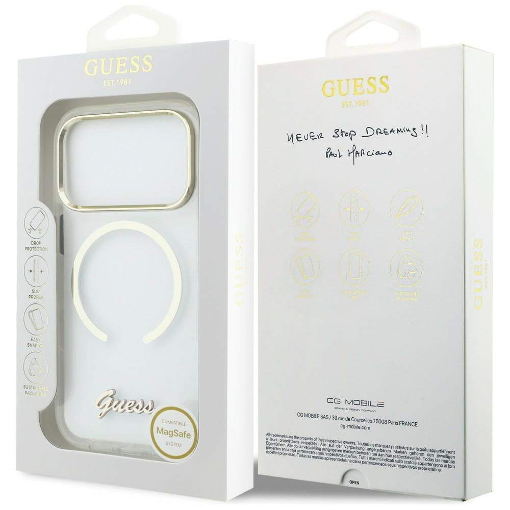 Guess IML Script Metal MagSafe Dėklas, skirtas iPhone 17 Pro - Aiškus