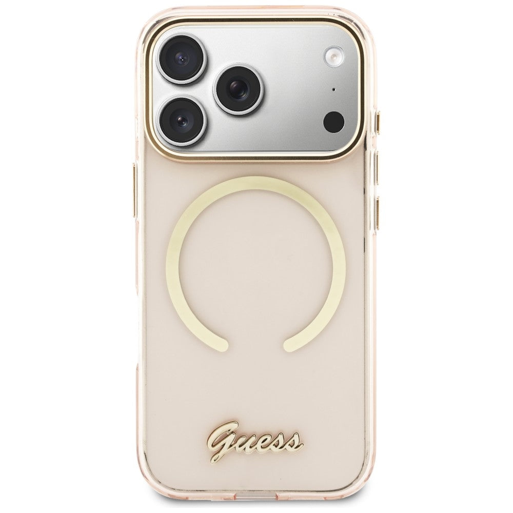 Guess IML Script Metal MagSafe Dėklas, skirtas iPhone 17 Pro – rožinis
