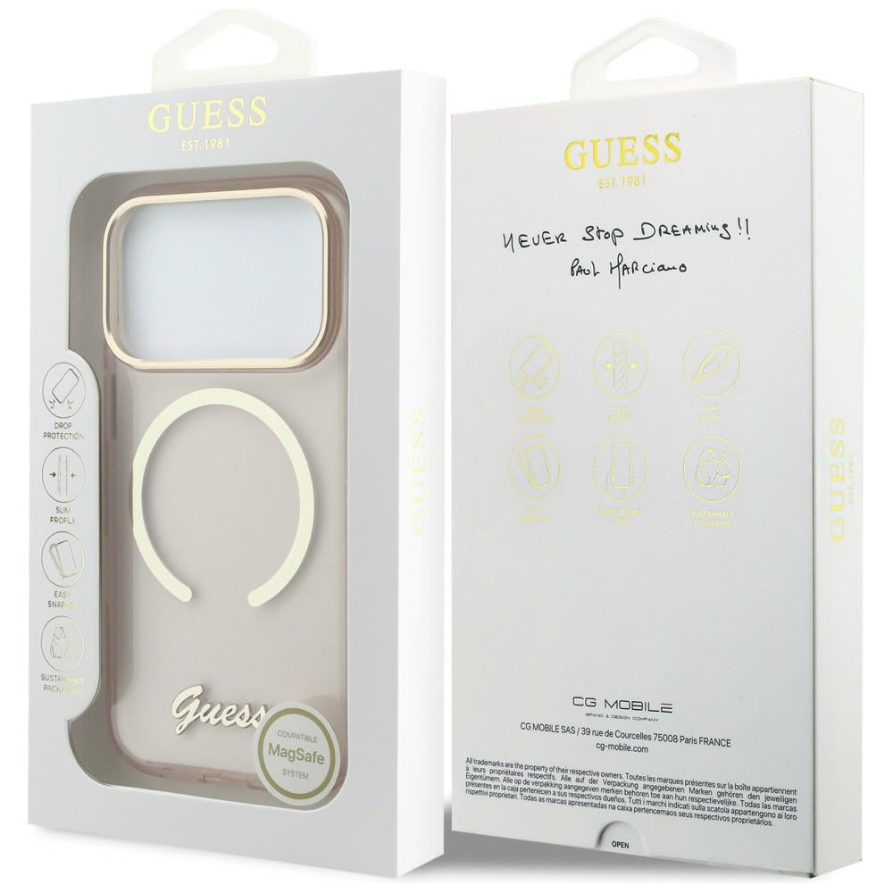 Guess IML Script Metal MagSafe Dėklas, skirtas iPhone 17 Pro – rožinis