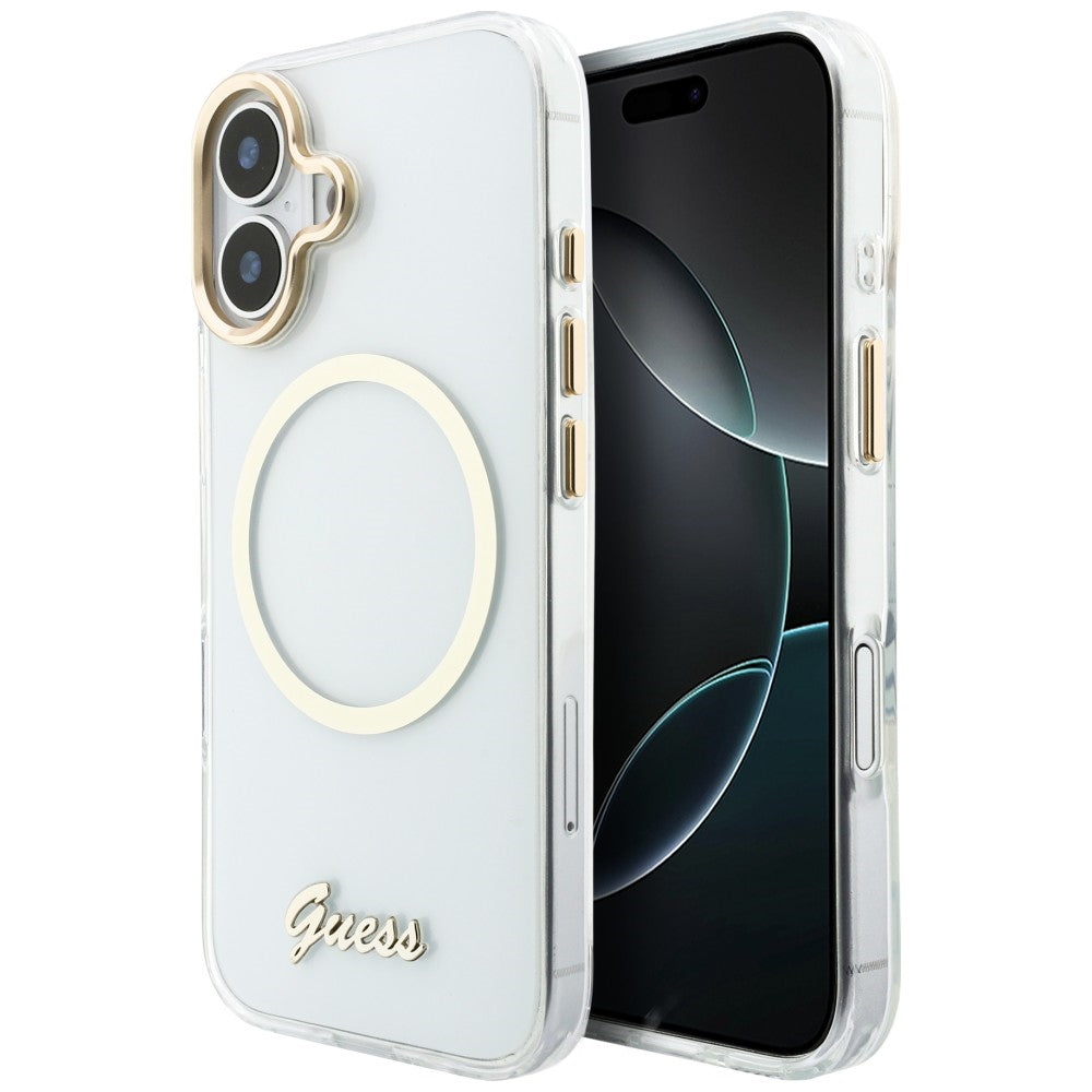 Guess IML Script Metal MagSafe Dėklas, skirtas iPhone 17 – skaidrus
