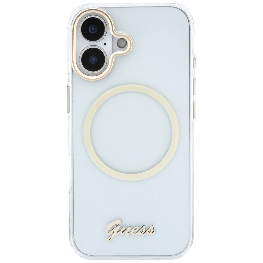 Guess IML Script Metal MagSafe Dėklas, skirtas iPhone 17 – skaidrus