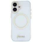 Guess IML Script Metal MagSafe Dėklas, skirtas iPhone 17 – skaidrus