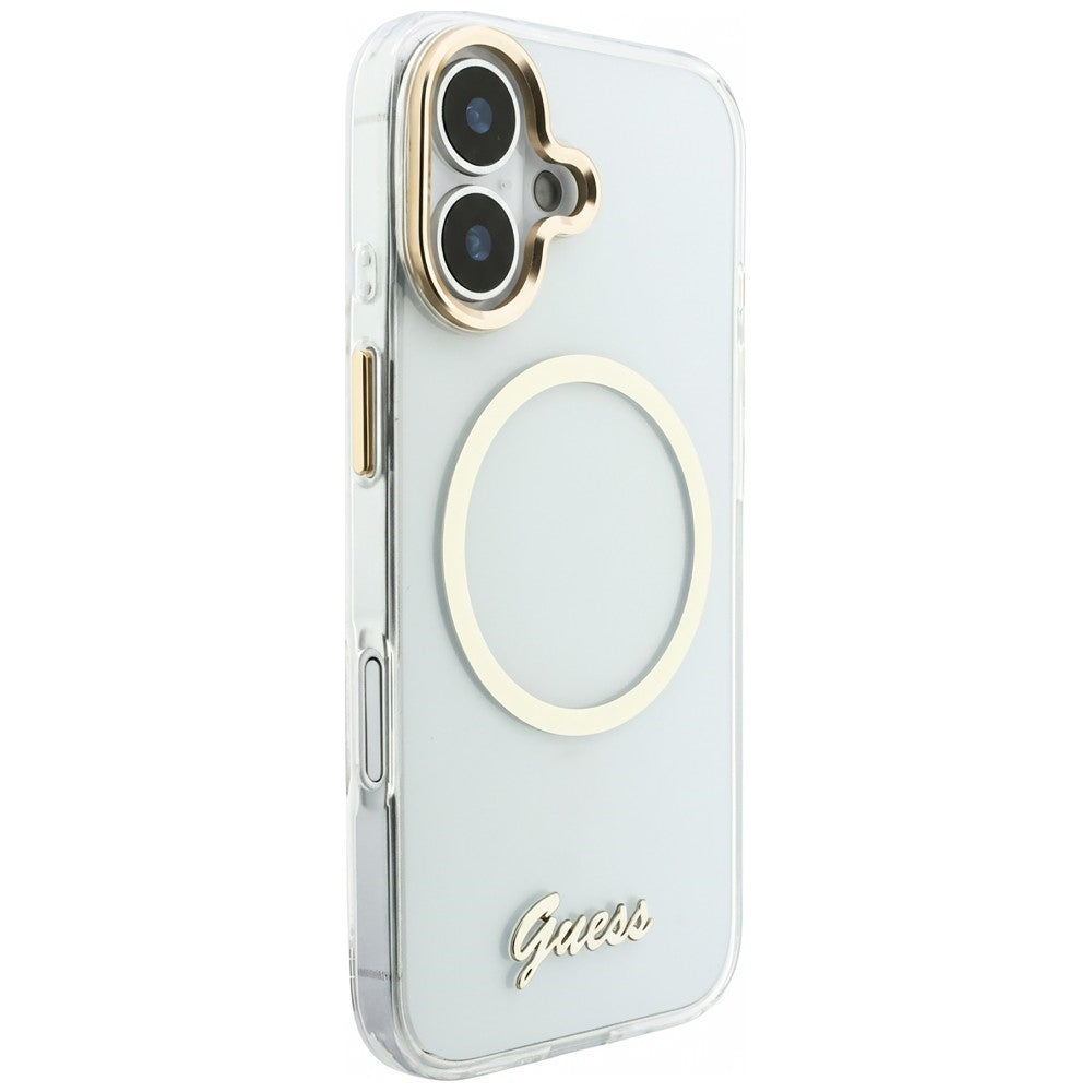 Guess IML Script Metal MagSafe Dėklas, skirtas iPhone 17 – skaidrus