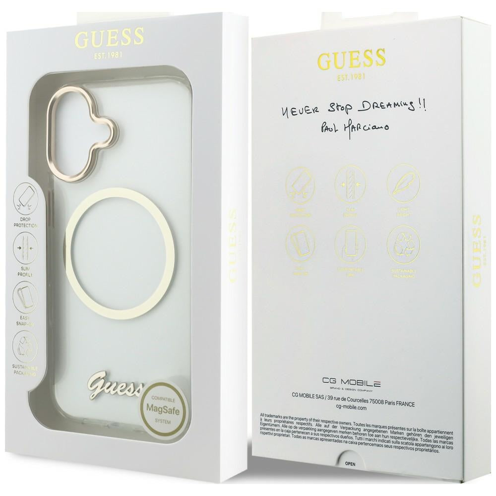 Guess IML Script Metal MagSafe Dėklas, skirtas iPhone 17 – skaidrus