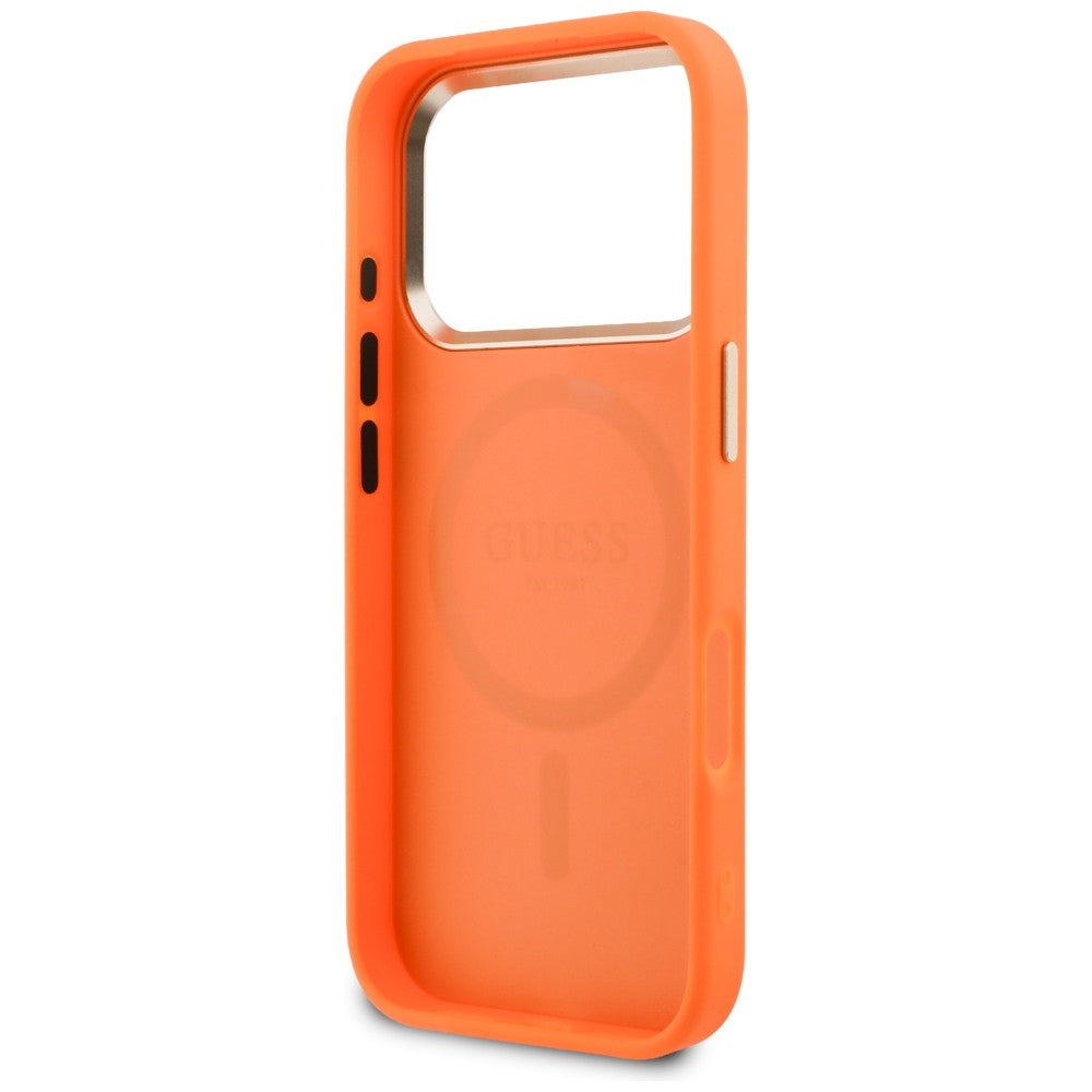 Guess Perforuotas 4G MagSafe dėklas, skirtas iPhone 17 Pro - orange