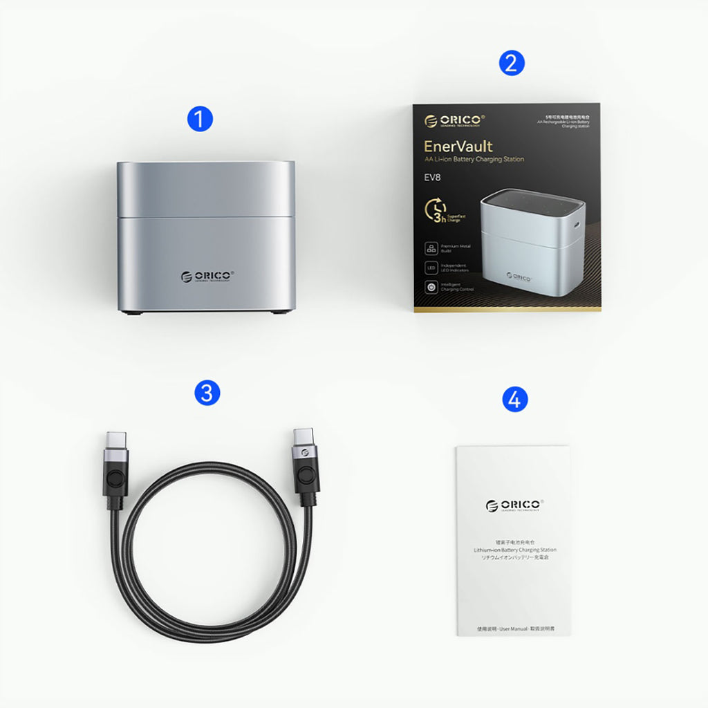 Orico EV8 AA Lithium akumuliatoriaus įkroviklis su saugojimo funkcija - Sidabrinė -- Batteries