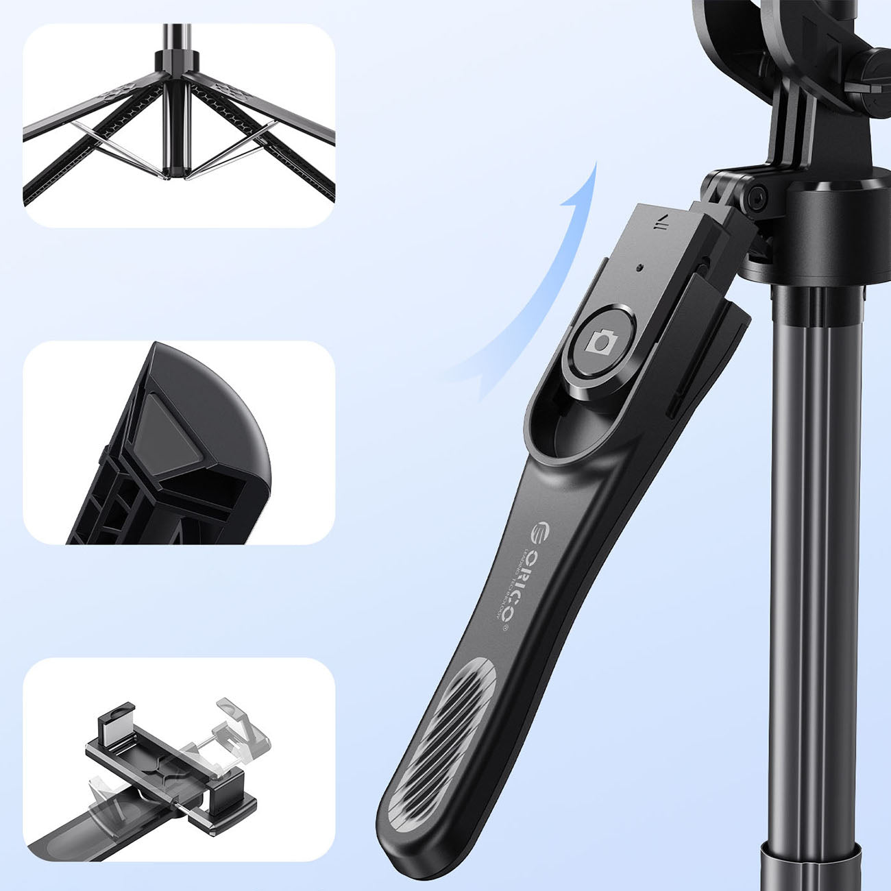 Savigrama lazda Orico SPN185 1/4" trikojis telefono kamerai su 360 laipsnių rotacija Bluetooth 5.2 - juoda -- Selfie...