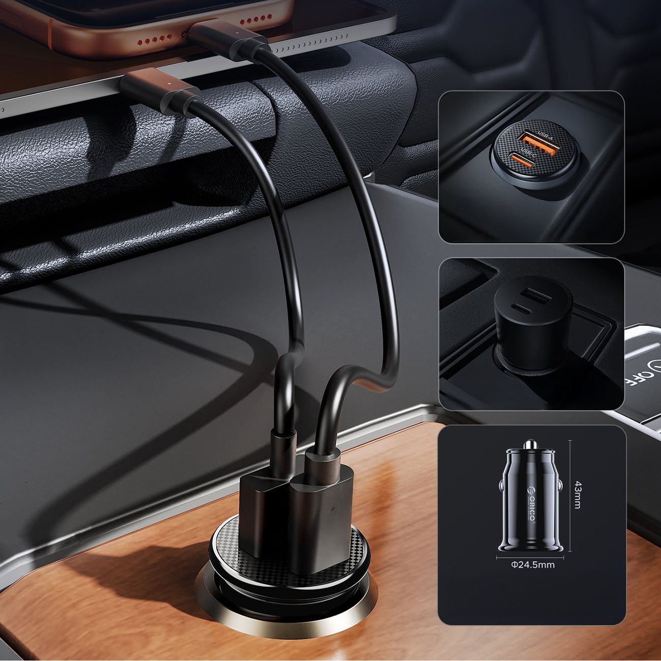 Orico PowerMini 30W USB-C + USB-A Automobilinis Įkroviklis - Juodas -- Car chargers