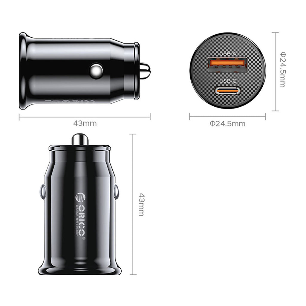 Orico PowerMini 30W USB-C + USB-A Automobilinis Įkroviklis - Juodas -- Car chargers