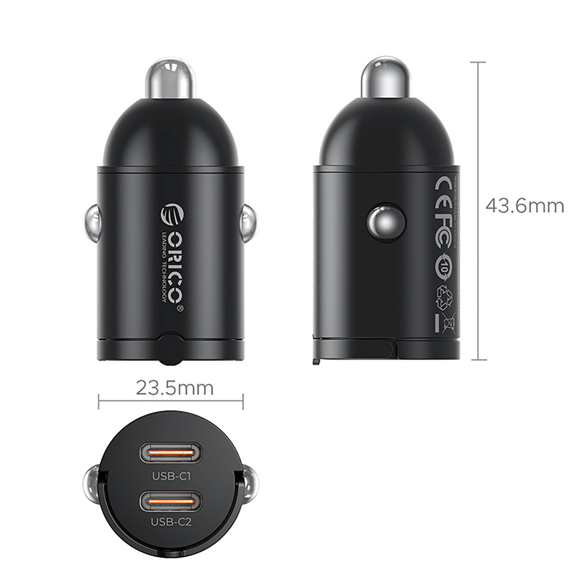 Orico MiniRing 30W 2x USB-C Automobilinis Įkroviklis - Juodas -- Car chargers