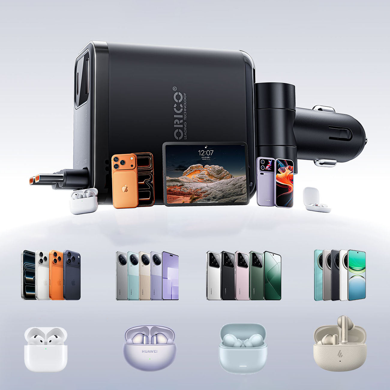Orico Twin Reach 45W USB-A + USB-C automobilio įkroviklis su dviem atitraukiamais USB-C kabeliais - juodas -- Car chargers