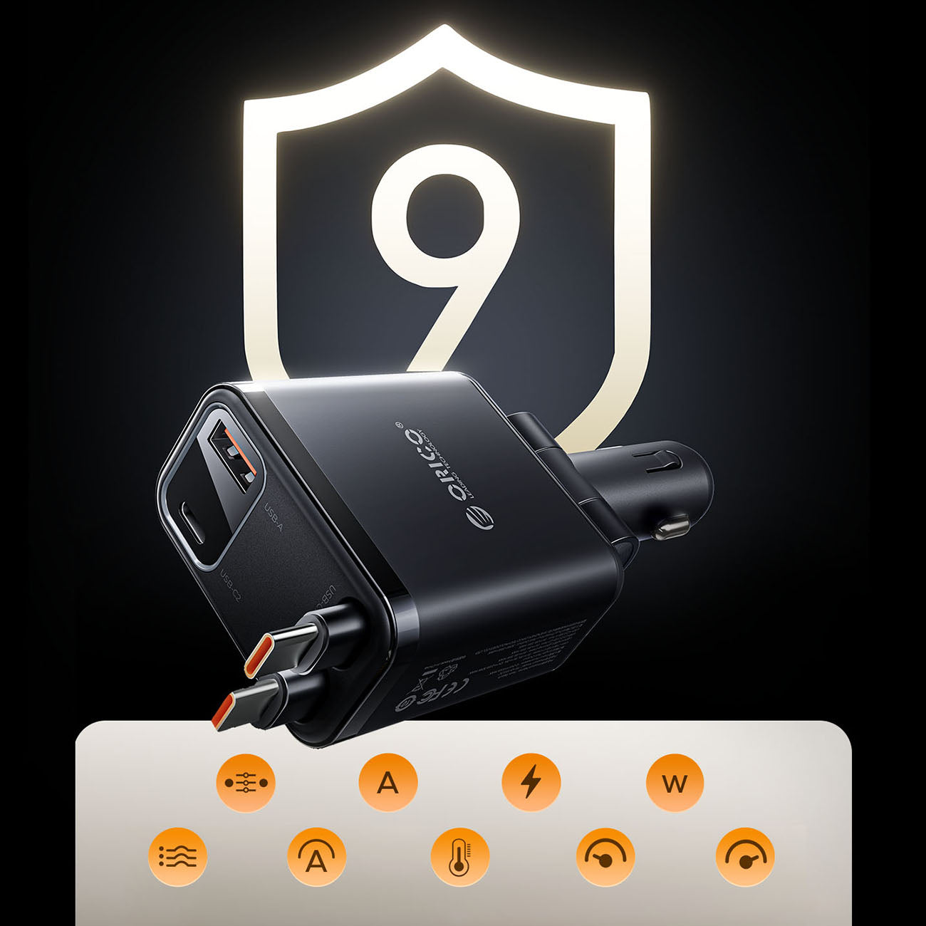 Orico Twin Reach 45W USB-A + USB-C automobilio įkroviklis su dviem atitraukiamais USB-C kabeliais - juodas -- Car chargers