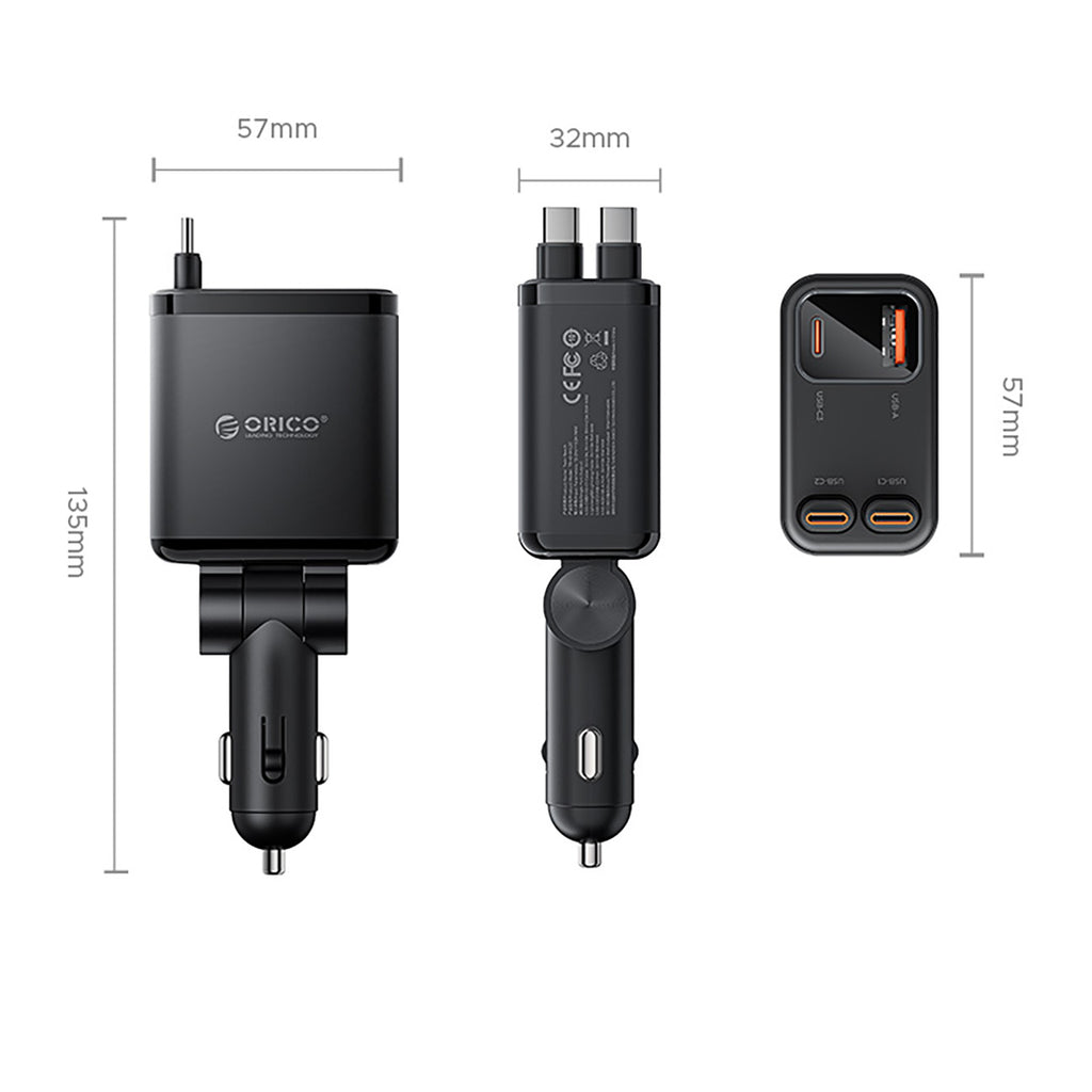 Orico Twin Reach 45W USB-A + USB-C automobilio įkroviklis su dviem atitraukiamais USB-C kabeliais - juodas -- Car chargers