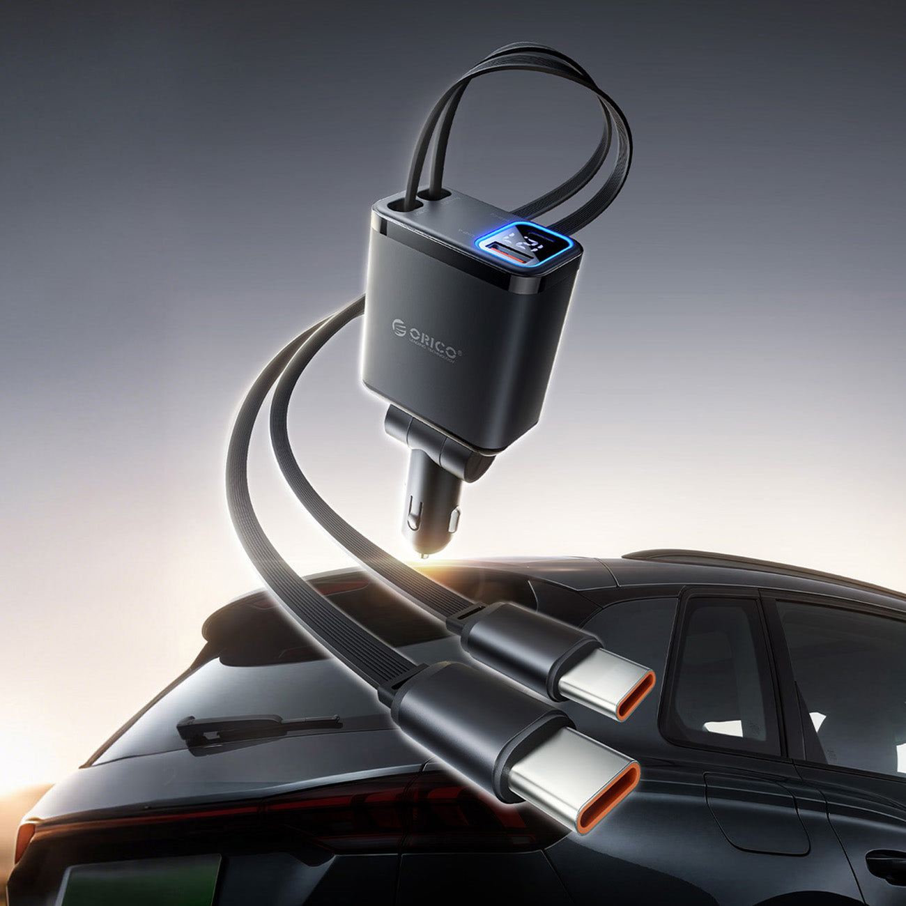 Orico Twin Reach 45W USB-A + USB-C automobilio įkroviklis su dviem atitraukiamais USB-C kabeliais - juodas -- Car chargers
