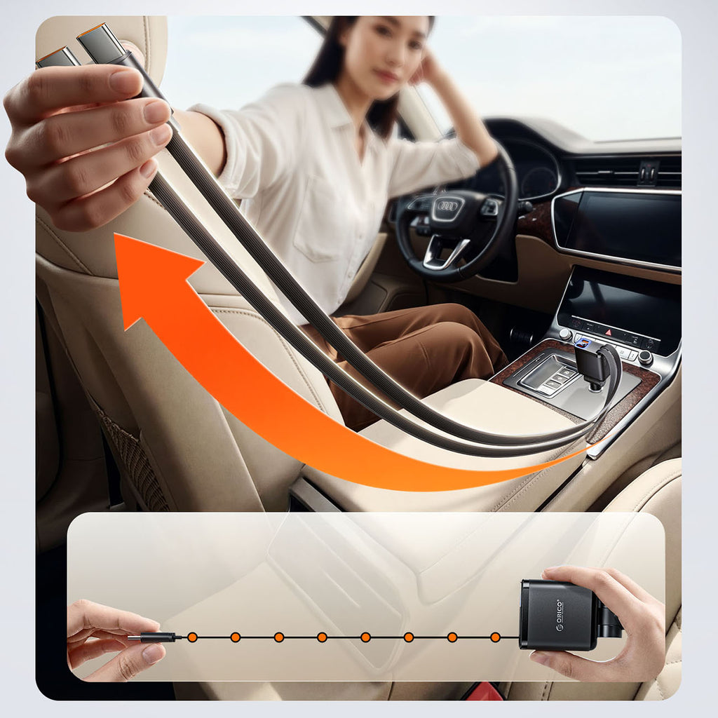 Orico Twin Reach 45W USB-A + USB-C automobilio įkroviklis su dviem atitraukiamais USB-C kabeliais - juodas -- Car chargers