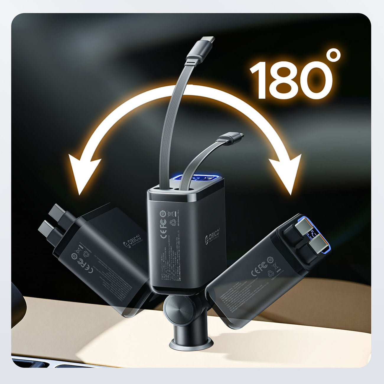 Orico Twin Reach 45W USB-A + USB-C automobilio įkroviklis su dviem atitraukiamais USB-C kabeliais - juodas -- Car chargers