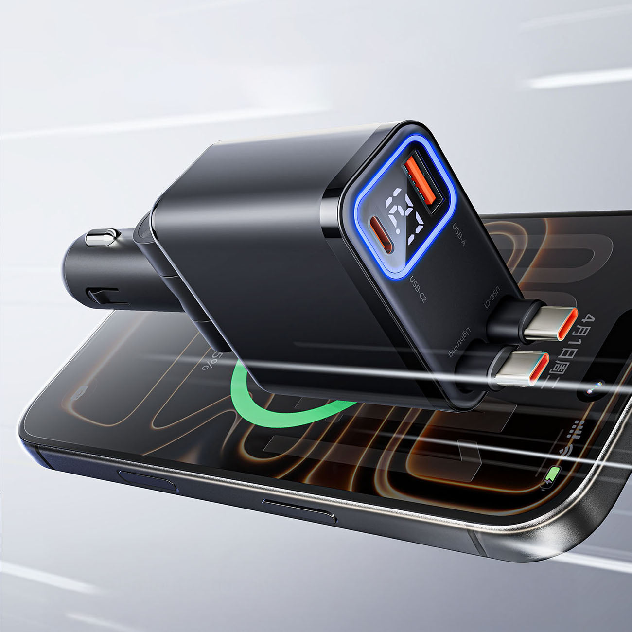 Orico Twin Reach 45W USB-A + USB-C automobilio įkroviklis su dviem atitraukiamais USB-C kabeliais - juodas -- Car chargers