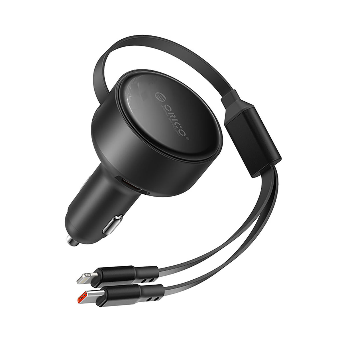 Orico Dual Stretch 60W USB-C automobilio įkroviklis su dviem atitraukiamais USB-C + Lightning kabeliais - juodas -- Car...