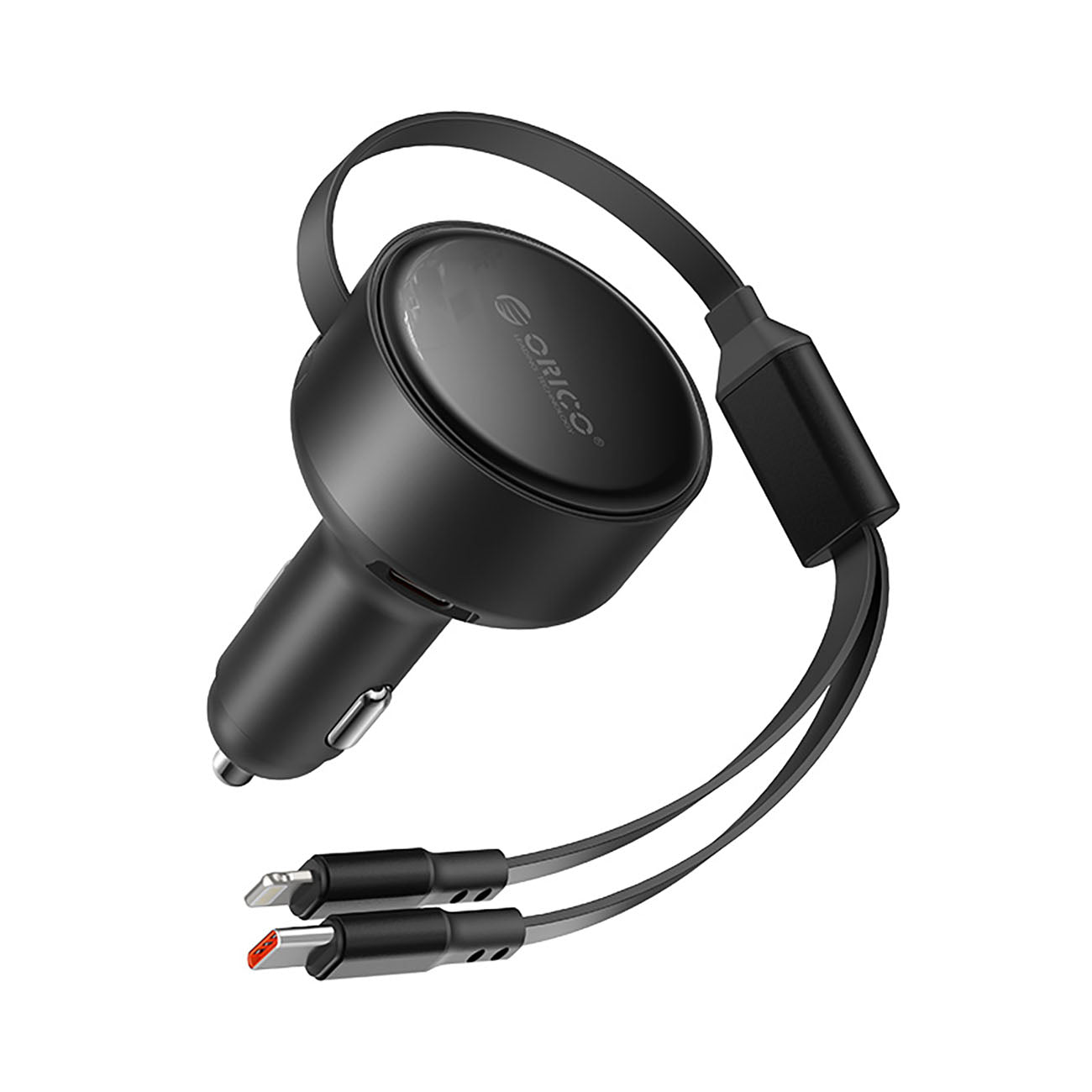 Orico Dual Stretch 60W USB-C automobilio įkroviklis su dviem atitraukiamais USB-C + Lightning kabeliais - juodas -- Car...