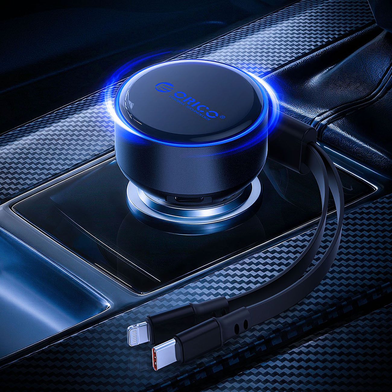 Orico Dual Stretch 60W USB-C automobilio įkroviklis su dviem atitraukiamais USB-C + Lightning kabeliais - juodas -- Car...