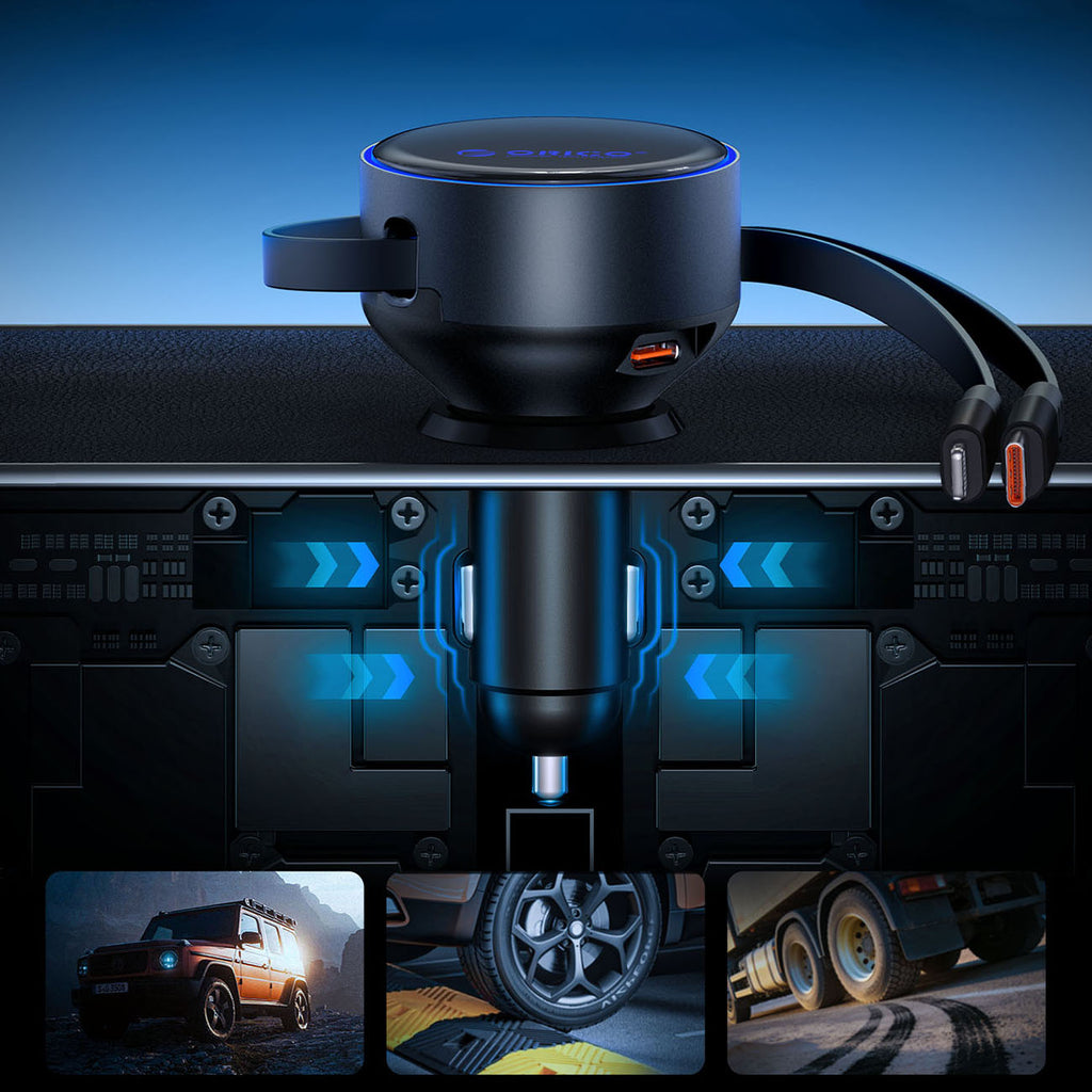 Orico Dual Stretch 60W USB-C automobilio įkroviklis su dviem atitraukiamais USB-C + Lightning kabeliais - juodas -- Car...