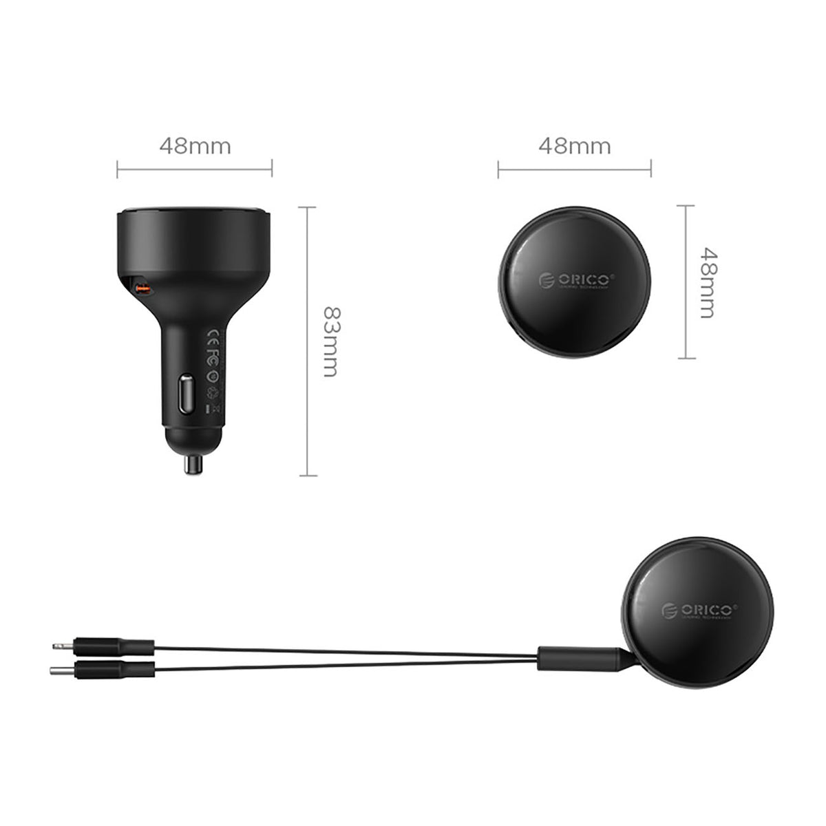 Orico Dual Stretch 60W USB-C automobilio įkroviklis su dviem atitraukiamais USB-C + Lightning kabeliais - juodas -- Car...