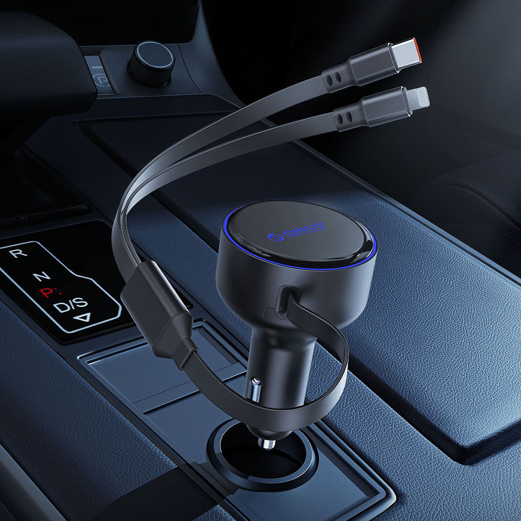Orico Dual Stretch 60W USB-C automobilio įkroviklis su dviem atitraukiamais USB-C + Lightning kabeliais - juodas -- Car...