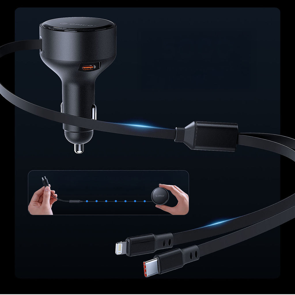 Orico Dual Stretch 60W USB-C automobilio įkroviklis su dviem atitraukiamais USB-C + Lightning kabeliais - juodas -- Car...