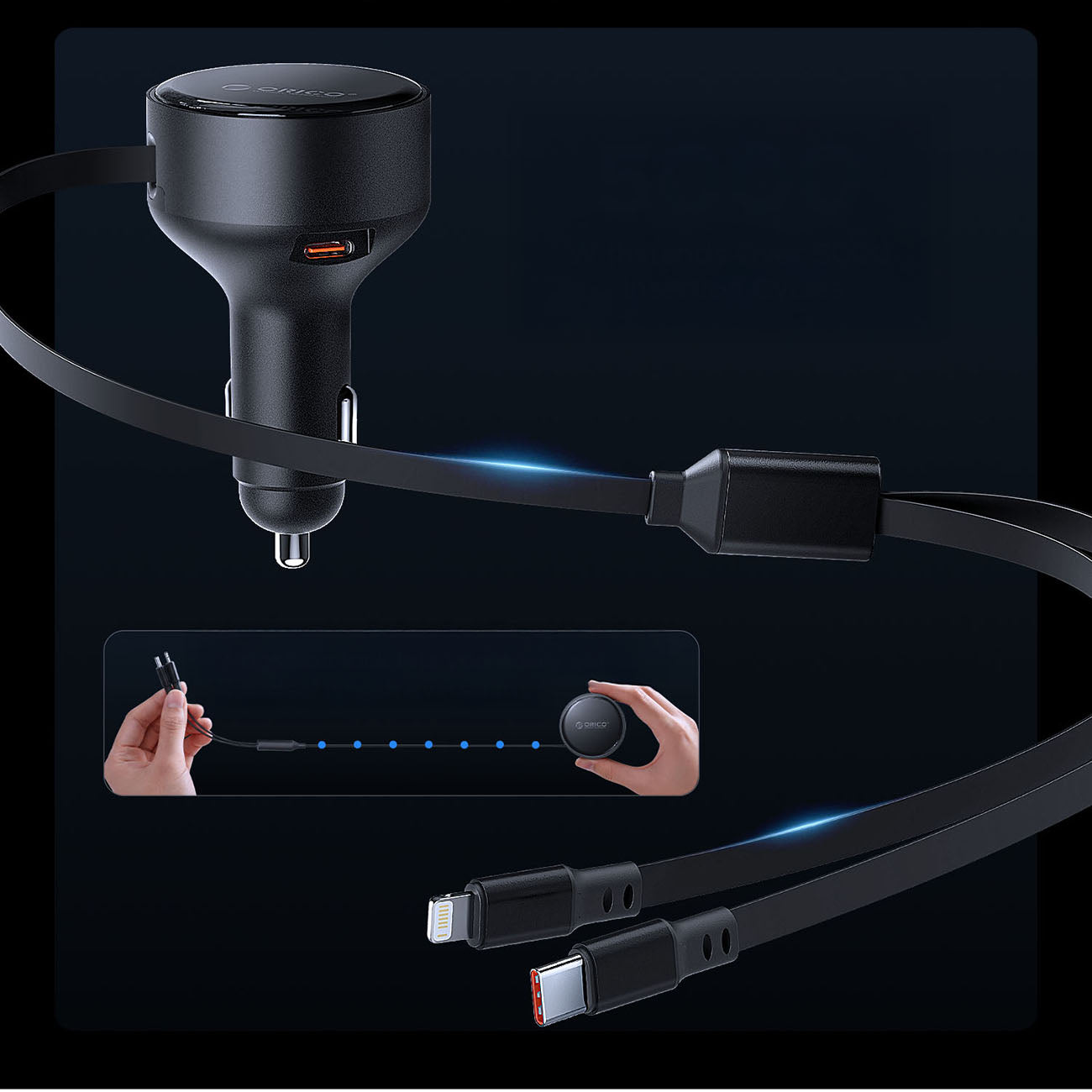 Orico Dual Stretch 60W USB-C automobilio įkroviklis su dviem atitraukiamais USB-C + Lightning kabeliais - juodas -- Car...