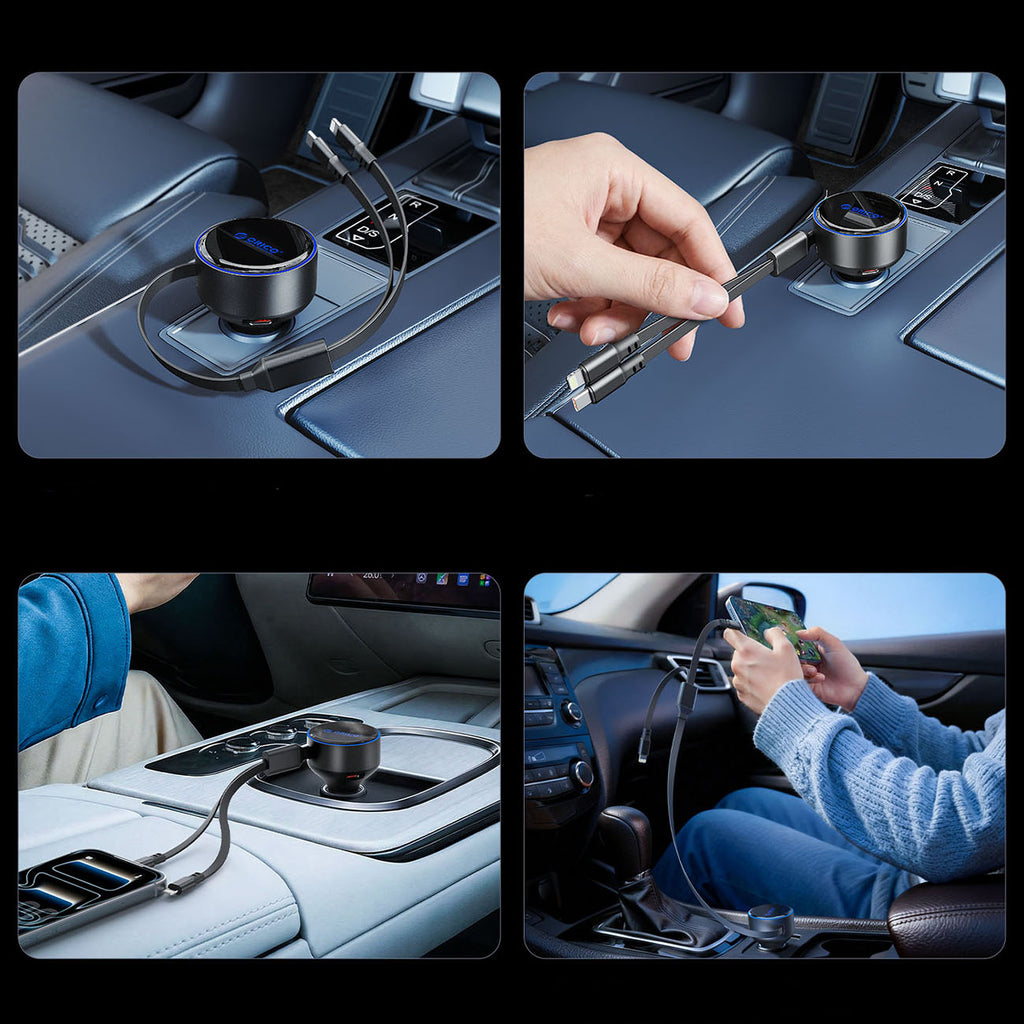 Orico Dual Stretch 60W USB-C automobilio įkroviklis su dviem atitraukiamais USB-C + Lightning kabeliais - juodas -- Car...