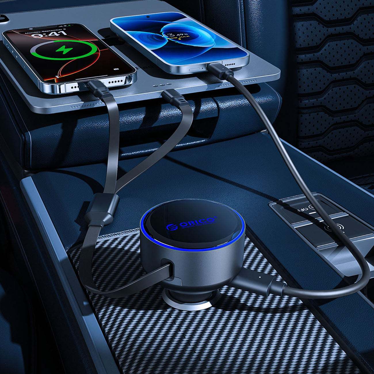 Orico Dual Stretch 60W USB-C automobilio įkroviklis su dviem atitraukiamais USB-C + Lightning kabeliais - juodas -- Car...