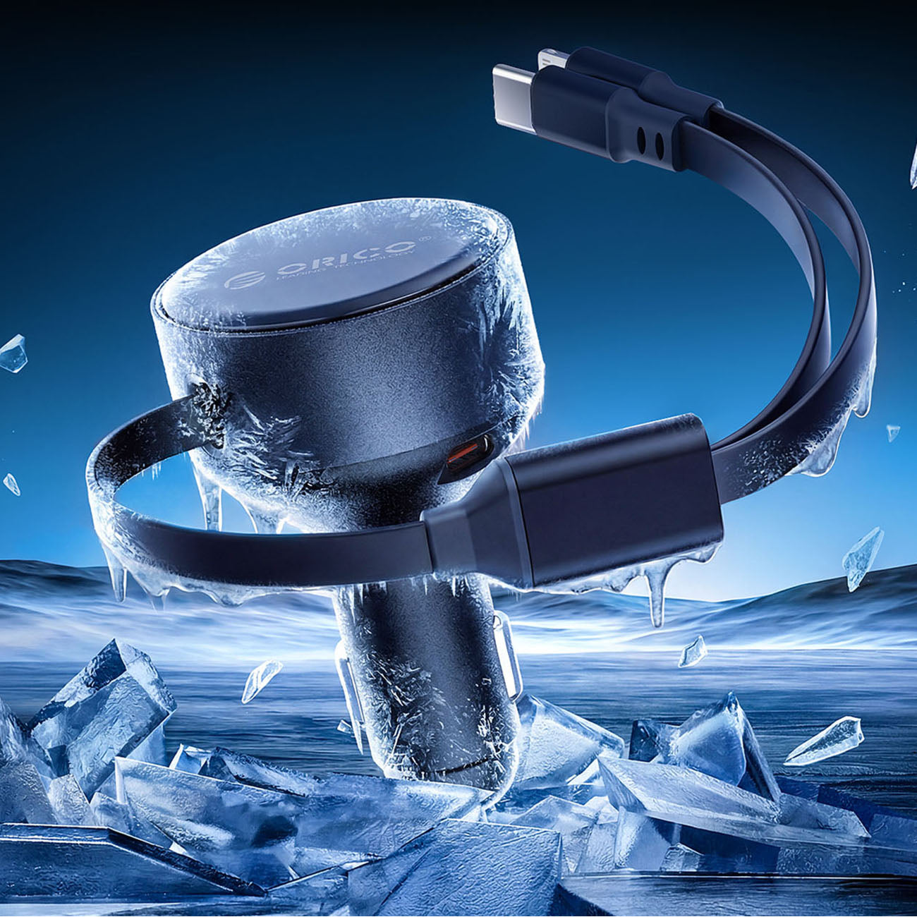 Orico Dual Stretch 60W USB-C automobilio įkroviklis su dviem atitraukiamais USB-C + Lightning kabeliais - juodas -- Car...