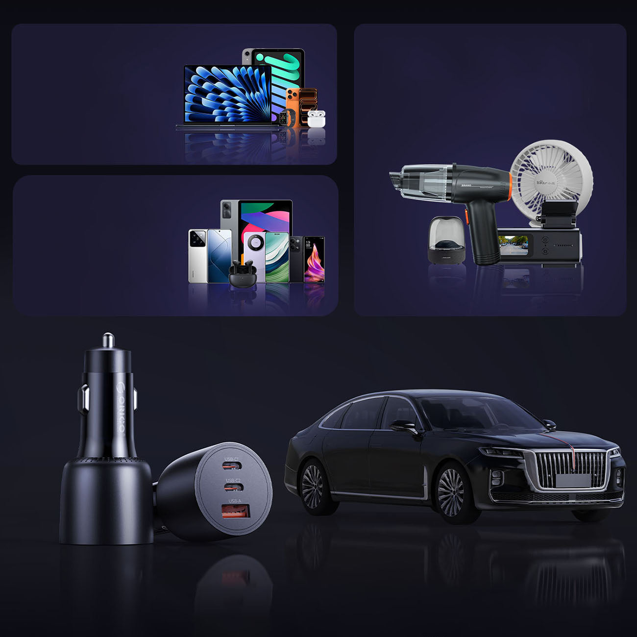 Orico PowerLink 165W USB-A + 2x USB-C automobilio įkroviklis - juodas -- Car chargers