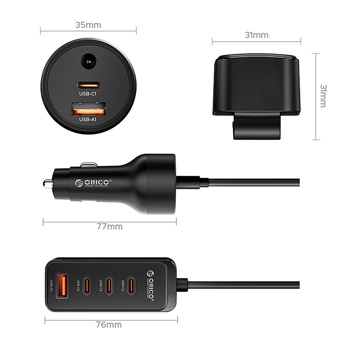 Orico ChargeClip 108W automobilinis įkroviklis 2x USB-A + 4x USB-C su segtuku - juodas -- Car chargers