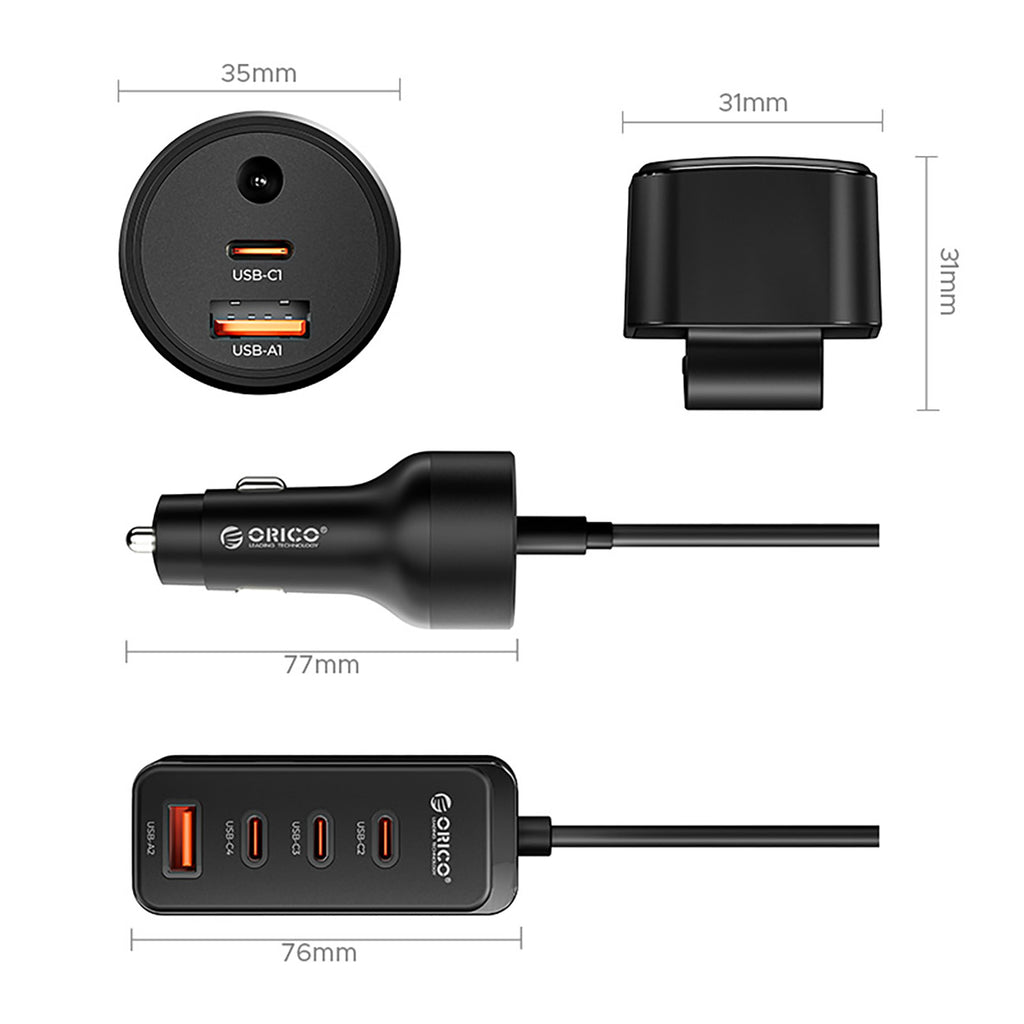 Orico ChargeClip 108W automobilinis įkroviklis 2x USB-A + 4x USB-C su segtuku - juodas -- Car chargers
