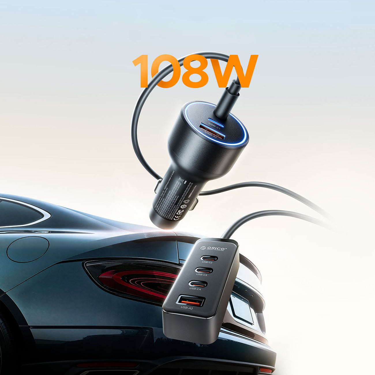 Orico ChargeClip 108W automobilinis įkroviklis 2x USB-A + 4x USB-C su segtuku - juodas -- Car chargers