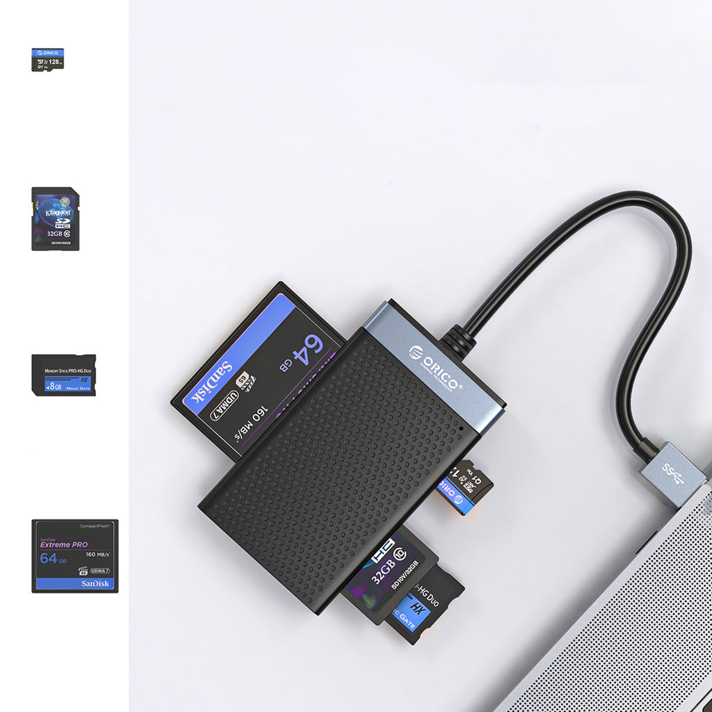 Orico CL4D-A3 USB-A 3.0 SD microSD CF MS 5 Gb/s Atminties kortelių skaitytuvas - Juoda ir sidabrinė -- Memory Card Readers