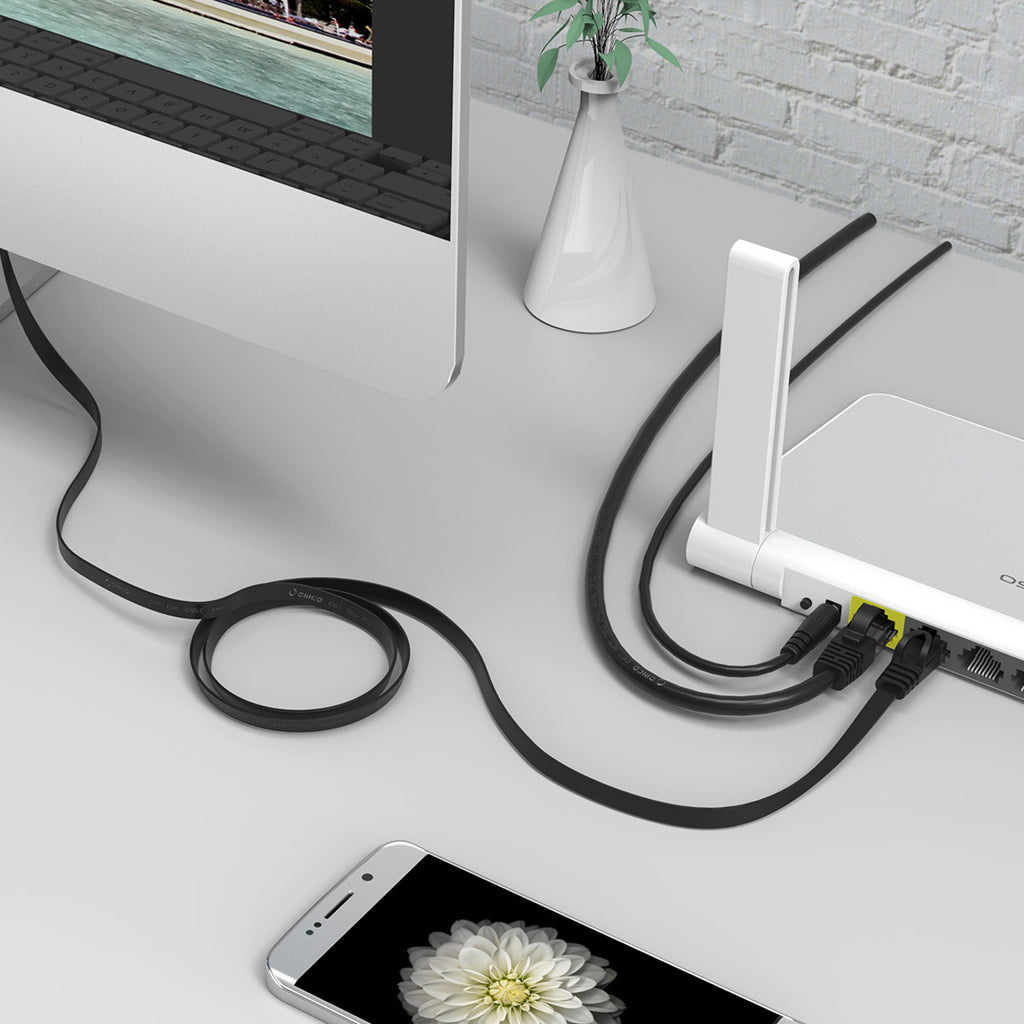 Orico PUG-C7B CAT7 10Gbps RJ45 Ethernet tinklo kabelis interneto LAN plokščias 8m - juodas -- Network Cables