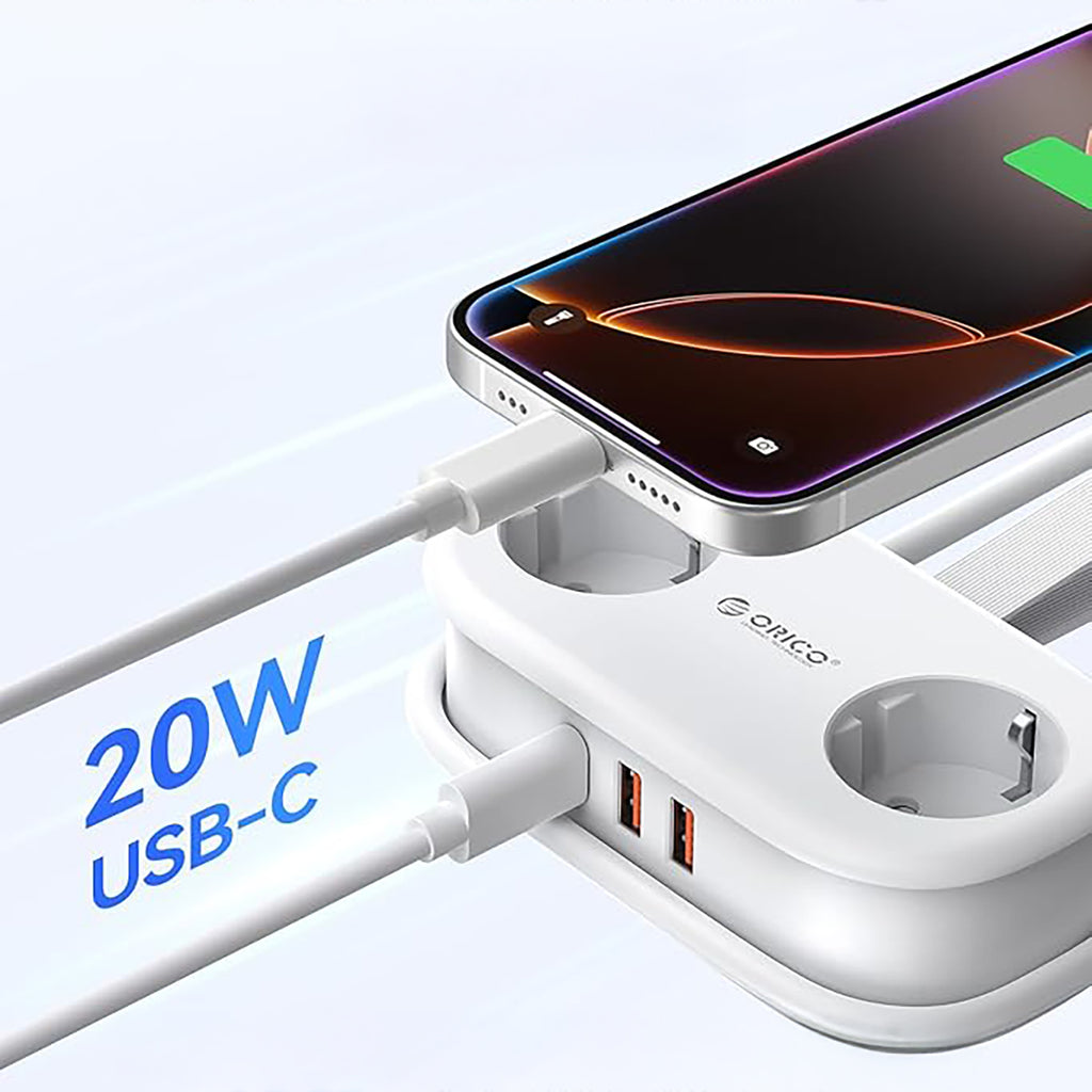 Orico AP3 20W GaN 5in1 maitinimo šakotuvas 2x AC + 2x USB-A + 1x USB-C – baltas -- Cell phone cables