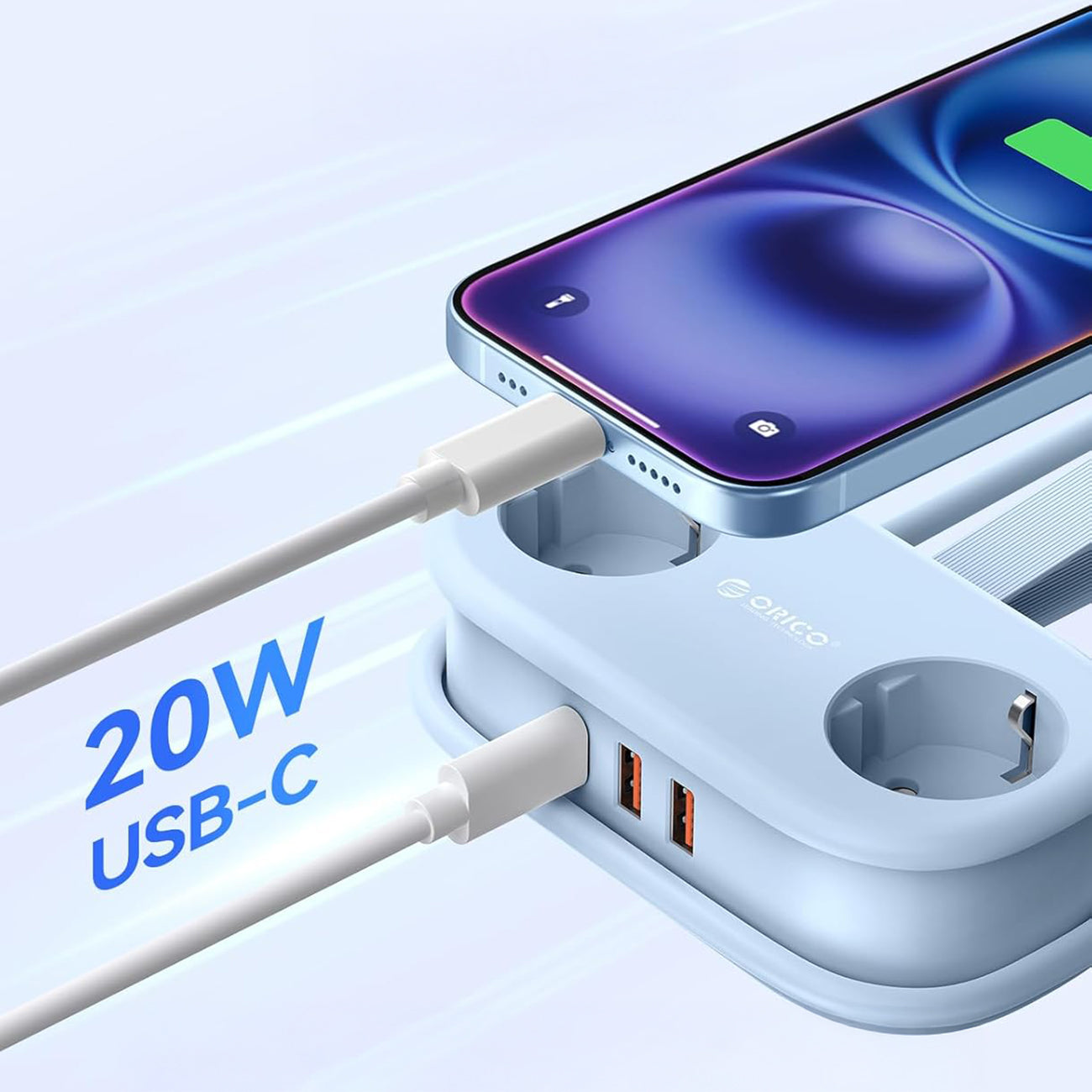 Orico AP3 20W GaN 5in1 maitinimo šakotuvas 2x AC + 2x USB-A + 1x USB-C – mėlynas -- Cell phone cables