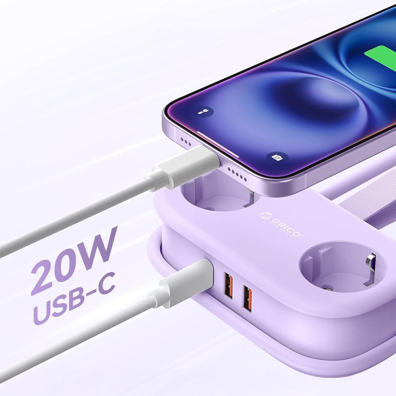 Orico AP3 20W GaN 5in1 maitinimo šakotuvas 2x AC + 2x USB-A + 1x USB-C – violetinis -- Cell phone cables