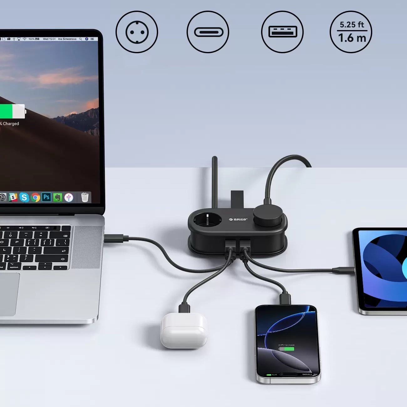 Orico AP3 65W GaN 6in1 maitinimo šakotuvas 2x AC + 2x USB-A + 2x USB-C – juodas -- Cell phone cables